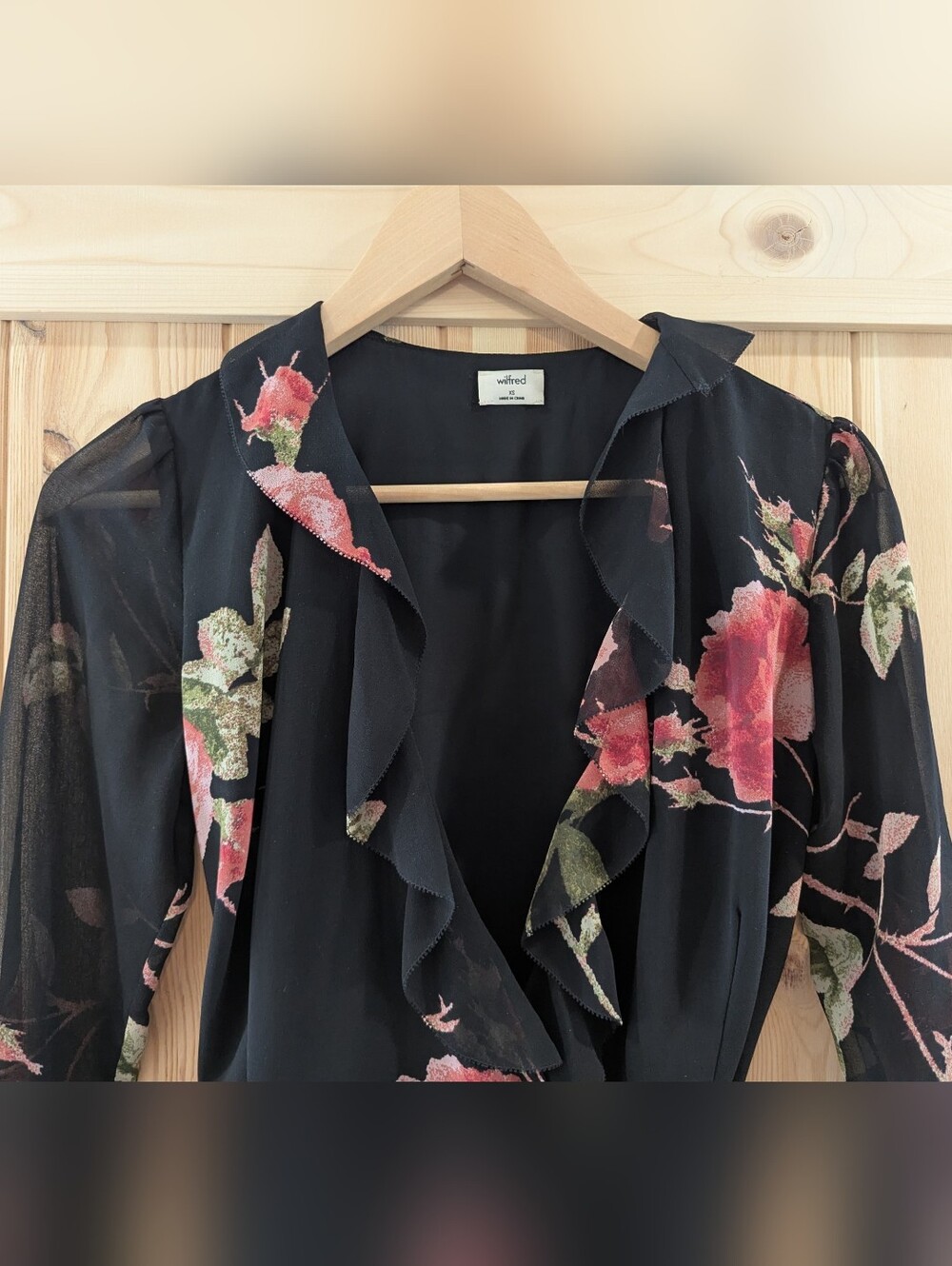 Wilfred Black Floral Wrap Dress Sheer Sleeve Mini Dress - Picture 3 of 9
